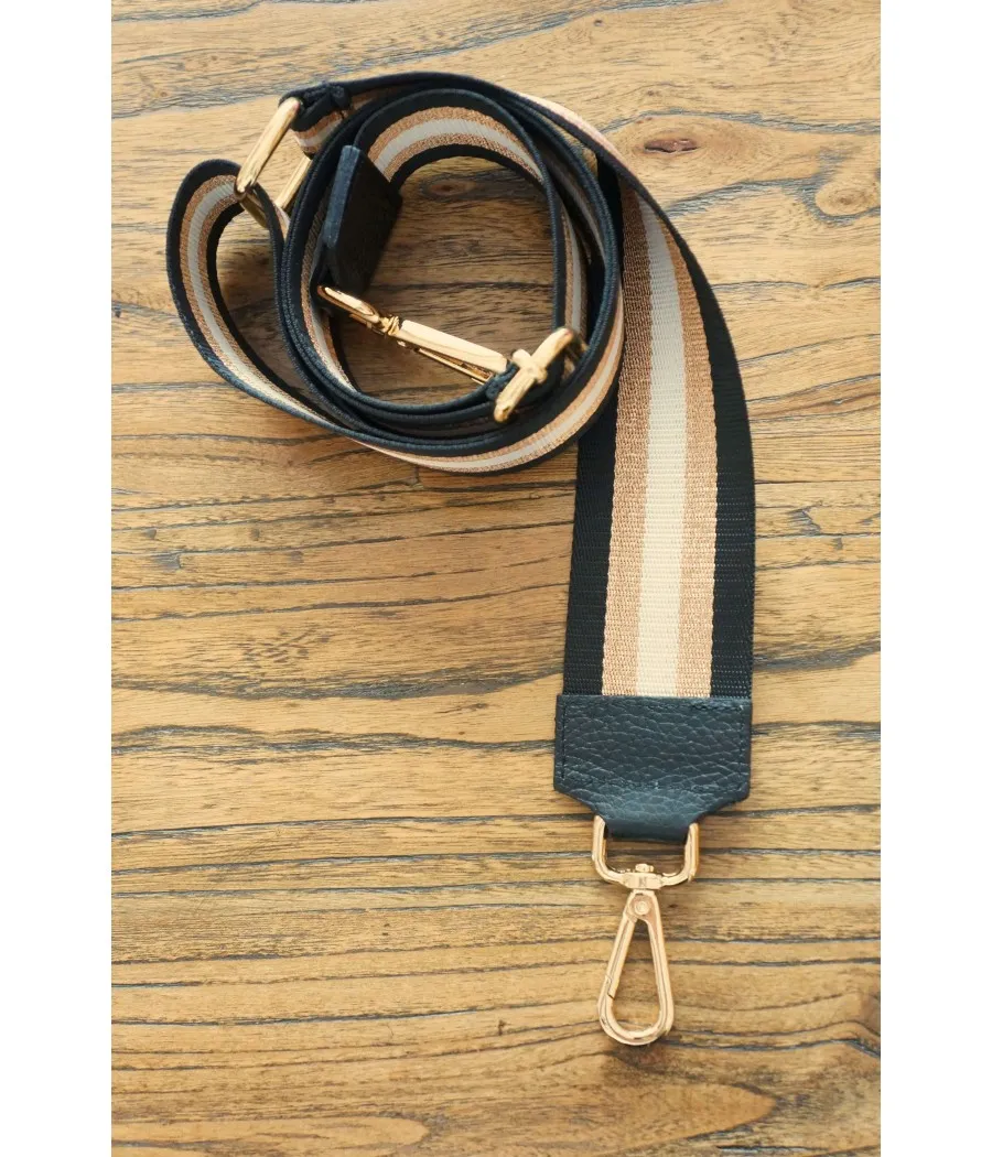 BANDOULIERE SANGLE TENDANCE EMBOUT CUIR SUPERIEUR NOIR OR BLANC