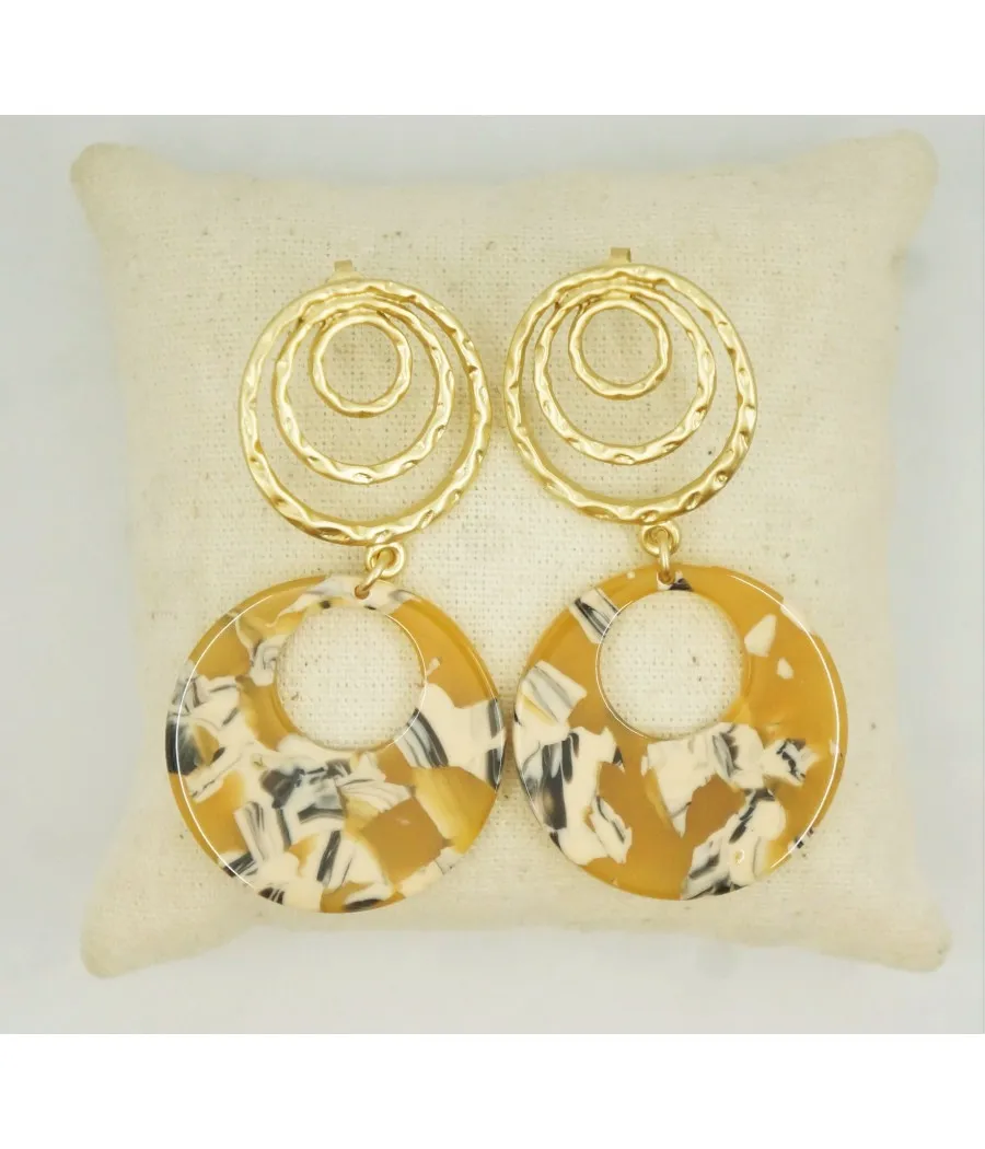 BOUCLES OREILLE CLOUS RESINE JAUNE MOUTARDE NOIR BLANC SPIRALE DOREE