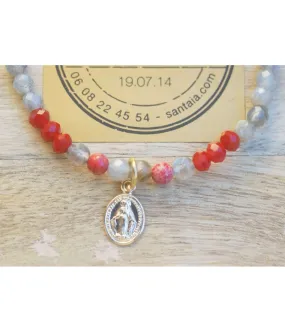 bracelet fait main médaille vierge dorée or agate grise régalite rouge