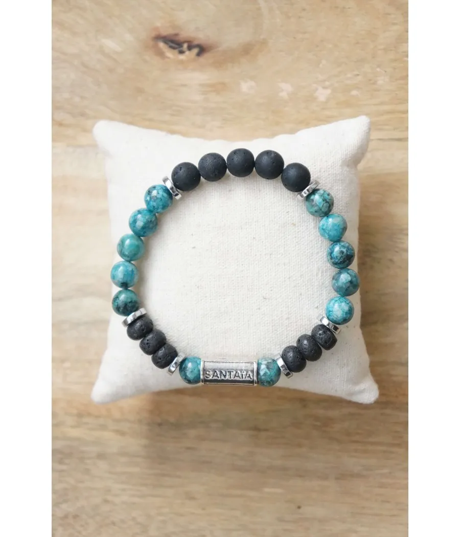 BRACELET HOMME EXTENSIBLE  JADE VERT LAVE NOIR HEMATITE PLAQUE ARGENT
