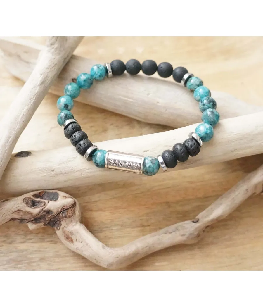 BRACELET HOMME EXTENSIBLE  JADE VERT LAVE NOIR HEMATITE PLAQUE ARGENT