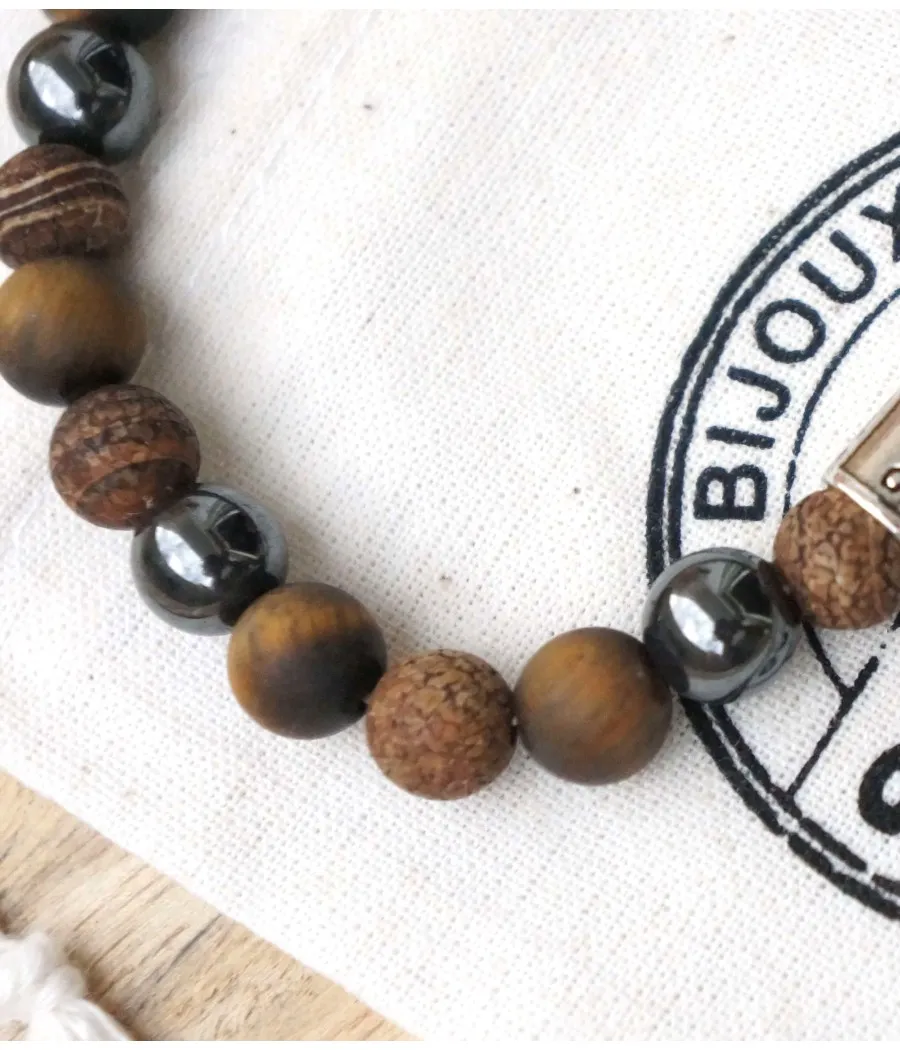 BRACELET HOMME GRIS ET MARRON HEMATITE BRONZITE OEIL DE TIGRE