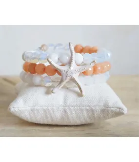 BRACELET PERLES NATURELLES 3 RANGS SAUMON BLANC ETOILE MER EMAIL ROSE