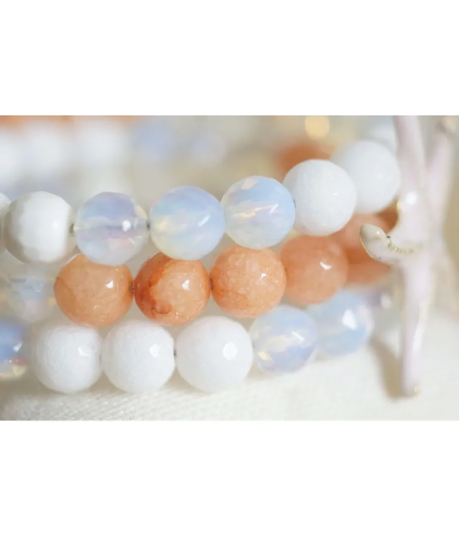 BRACELET PERLES NATURELLES 3 RANGS SAUMON BLANC ETOILE MER EMAIL ROSE