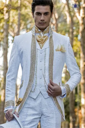 Costume de mariage baroque, redingote vintage en tissu de brocart floral blanc, collier Mao avec strass doré 2015