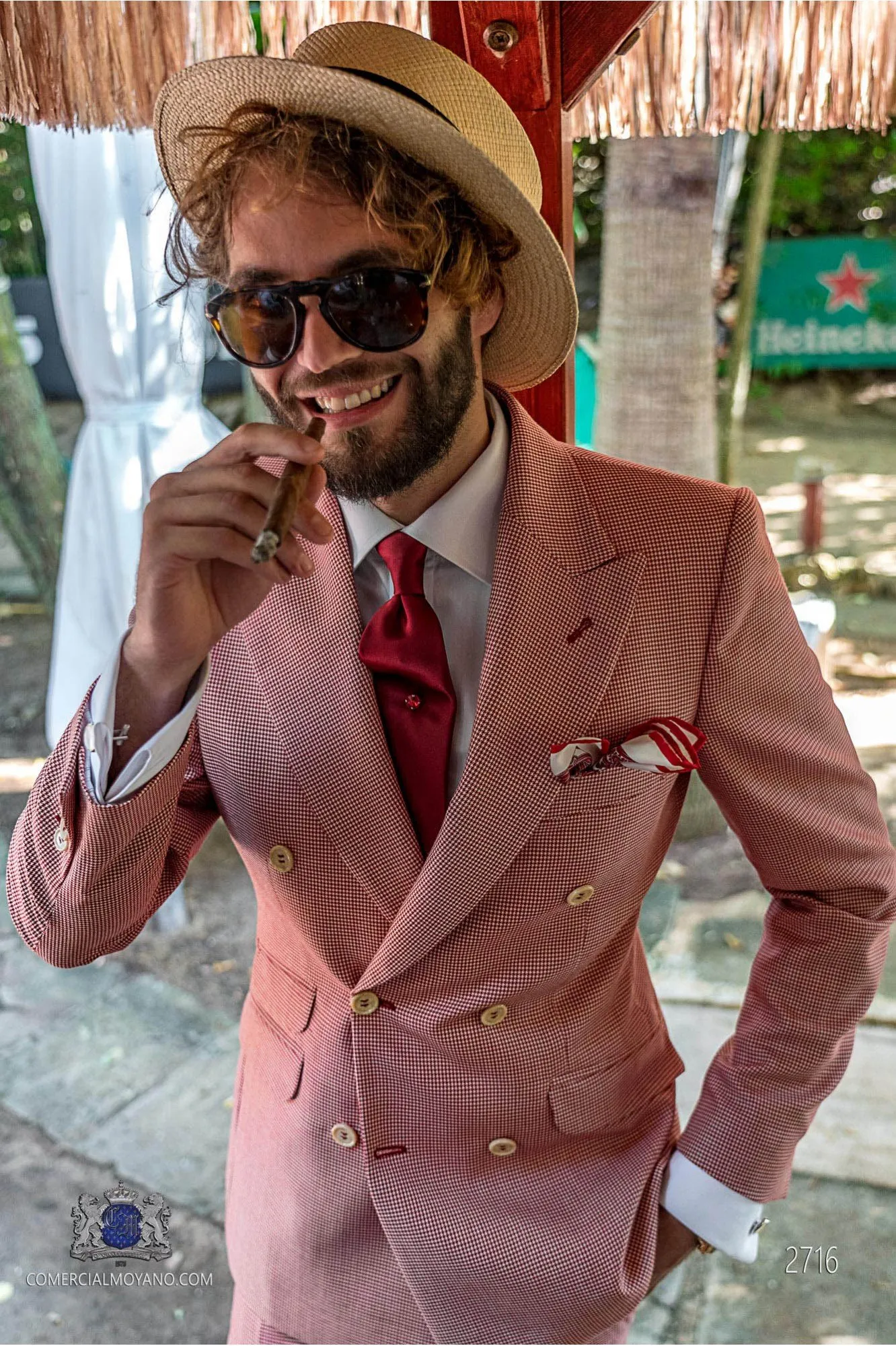 Costume à double boutonnage de mariage pied de poule rouge italien à la coupe ajustée
