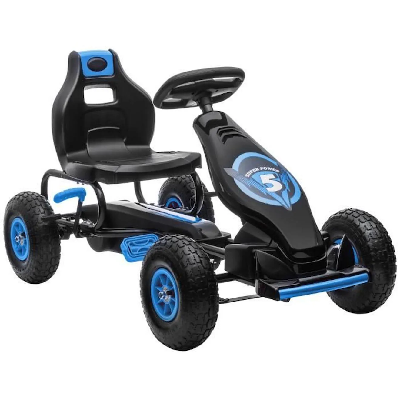 Kart à pédales enfant Go kart Formule 1 Racing Super Power 5 aileron avant pneus gonflables caoutchouc noir bleu blanc - Homcom
