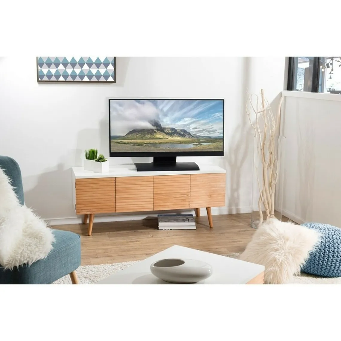 Meuble TV 4 portes style scandinave - miel / blanc | 3 Suisses