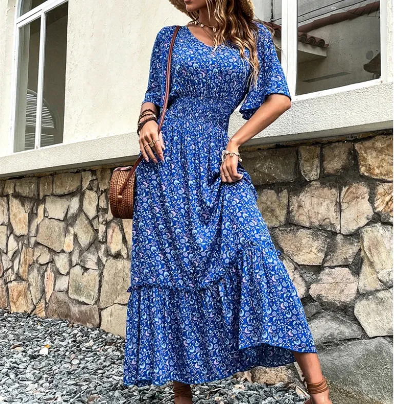 Robe Longue Bleu Fleurie