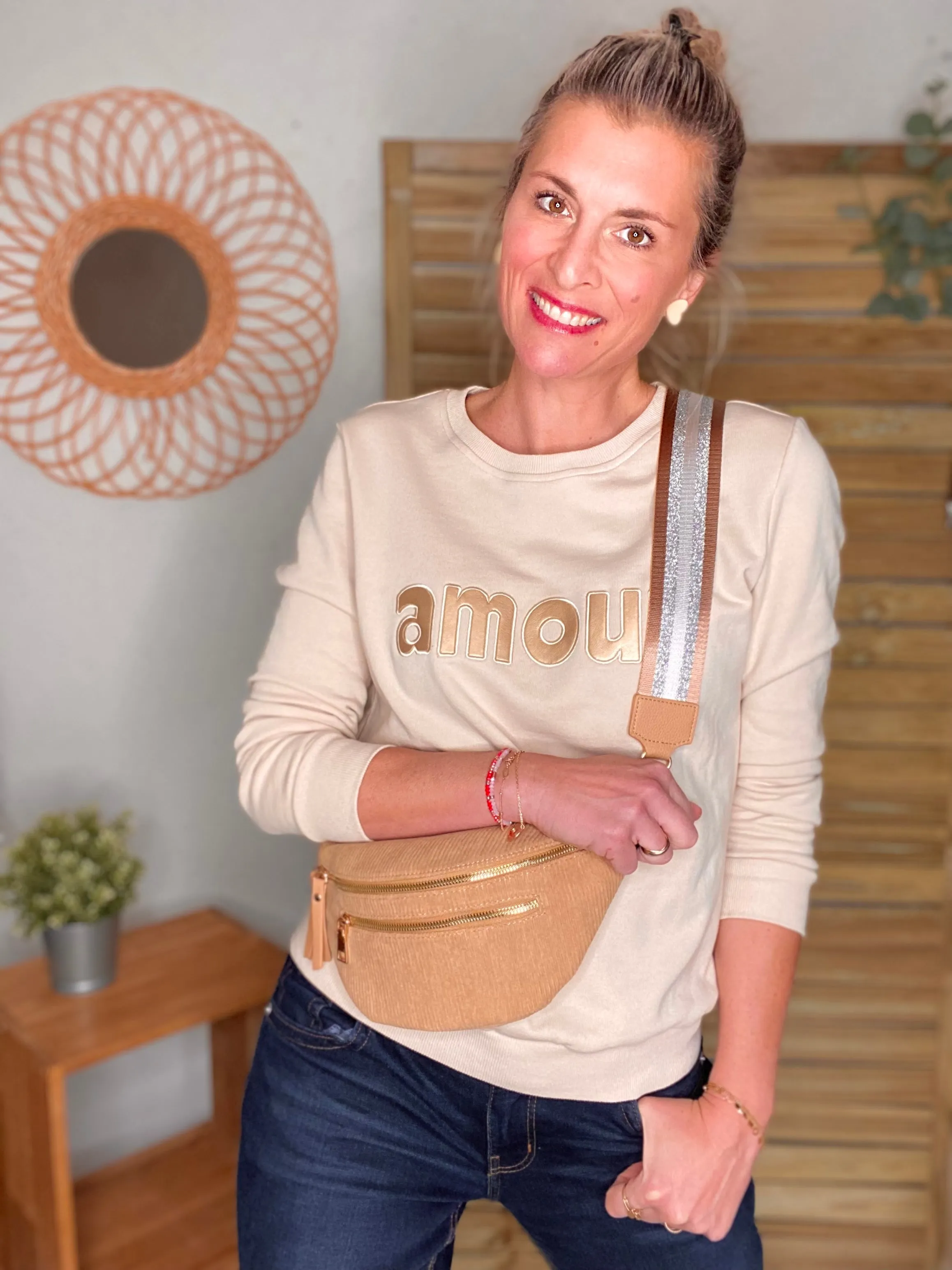 Sac banane en velours ctelé 2 zips et sangle fantaisie - CHARLY - Beige foncé (ctelé fin)