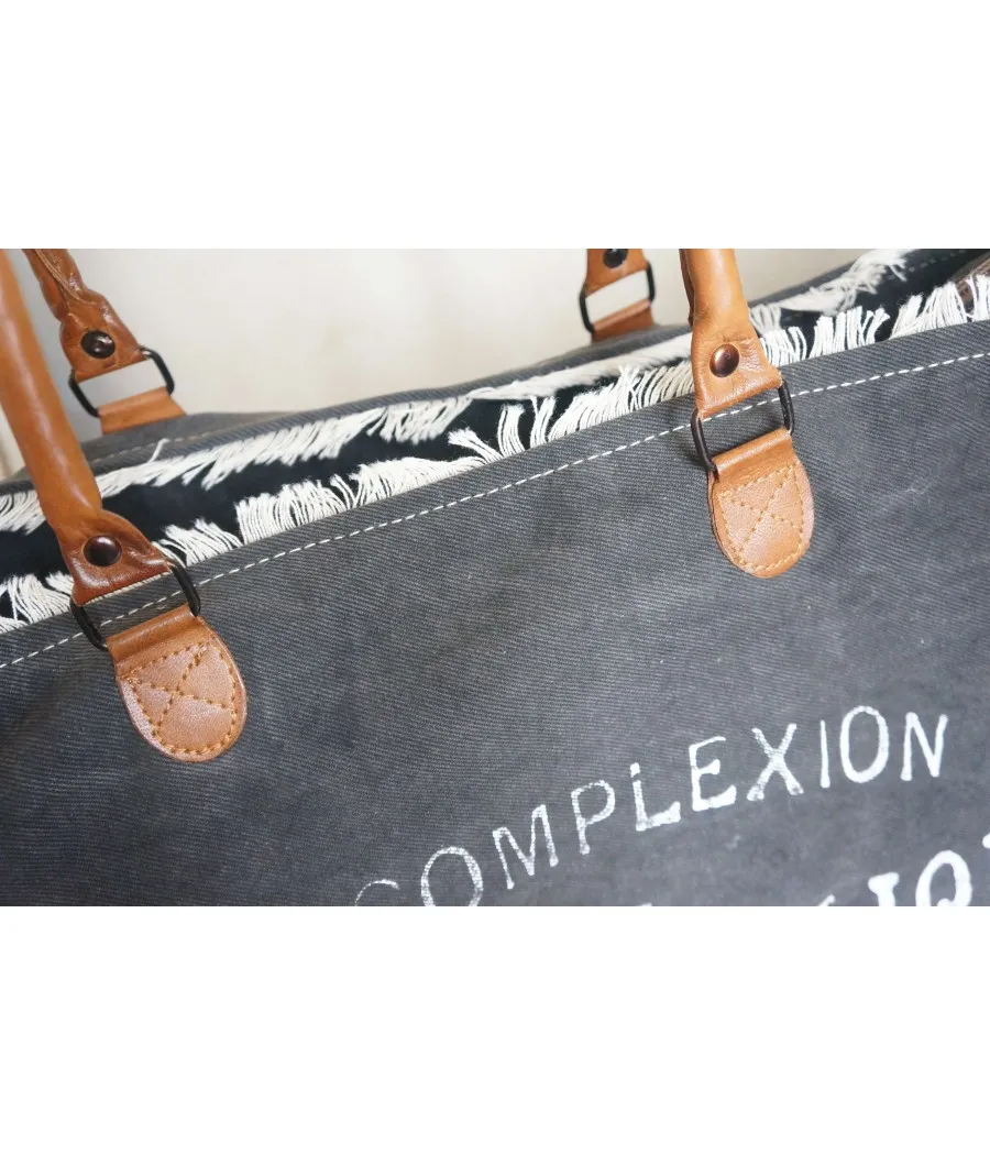 SAC CABAS "AIRCRAFT" CUIR ET COTON XXL GRIS ANTHRACITE ET BLANC