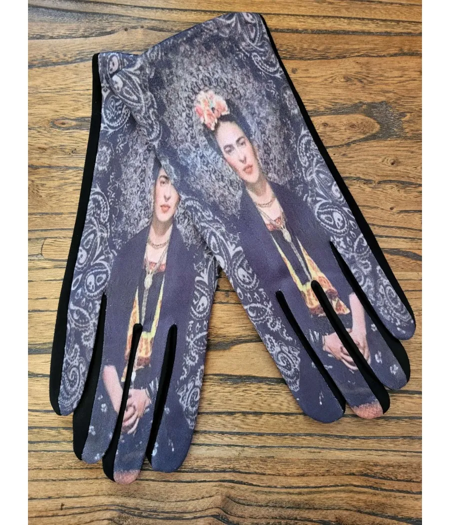 SANTAIA GANTS DOUX CHAUDS GRIS NOIR PORTRAIT FRIDA KAHLO VELOURS LAINE