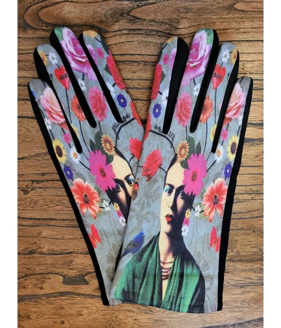 SANTAIA GANTS DOUX CHAUDS GRIS ROSE PORTRAIT FRIDA KAHLO VELOURS LAINE
