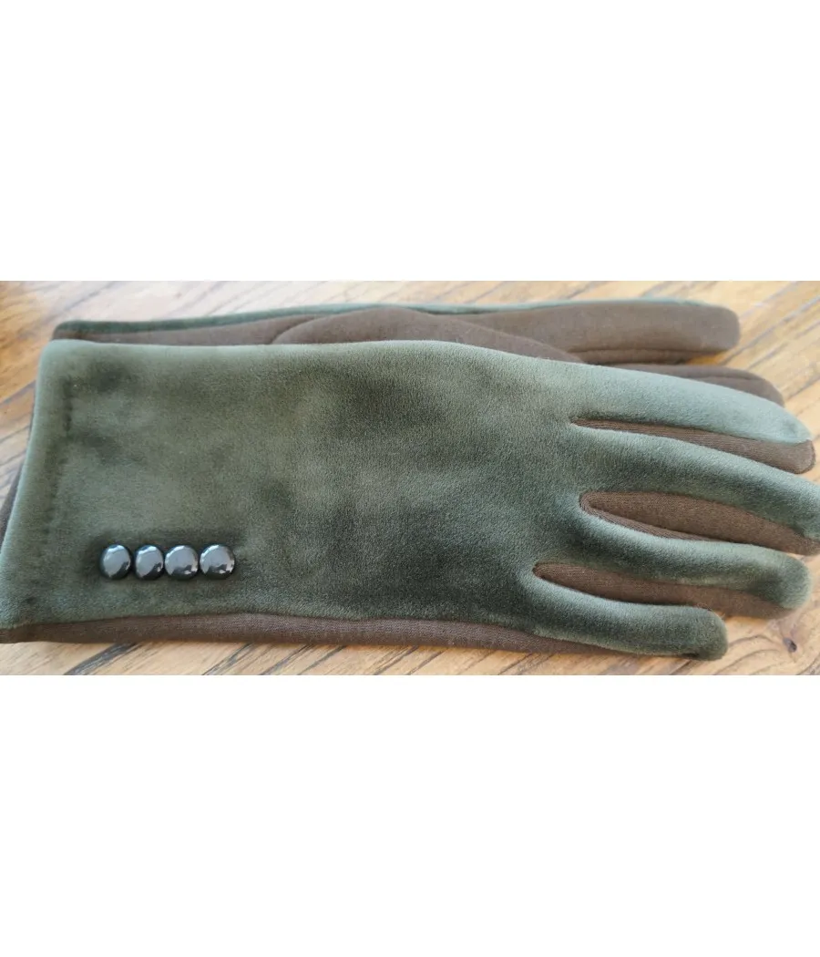 SANTAIA GANTS VELOURS CHAUD DOUX BOUTONS VERT KAKI CHIC MILITAIRE