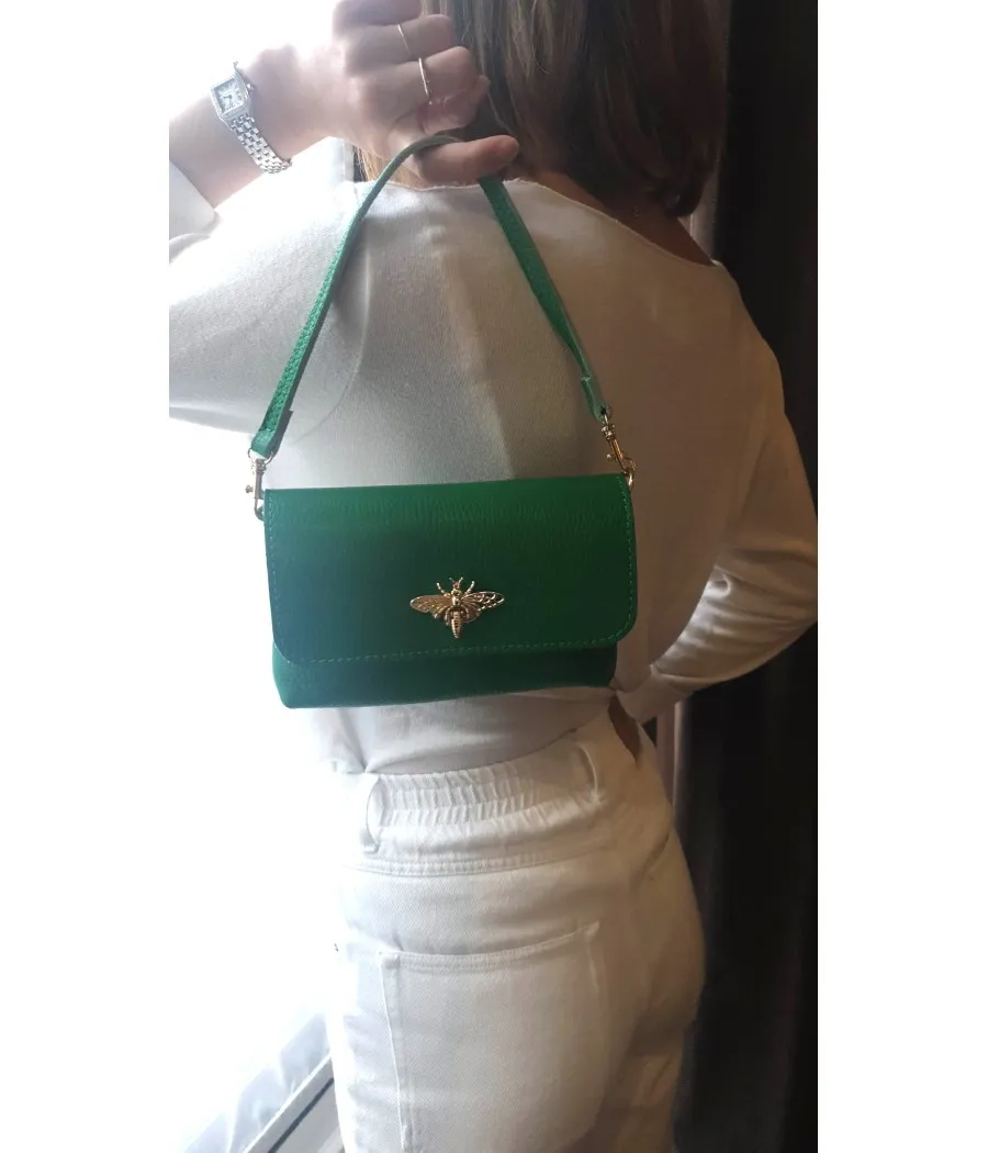 Santaia pochette cuir Italie vert bandoulière chaîne fermoir abeille