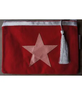 SANTAIA POCHETTE ROUGE ETOILE ROSE BRILLANTE ET POMPON ARGENT