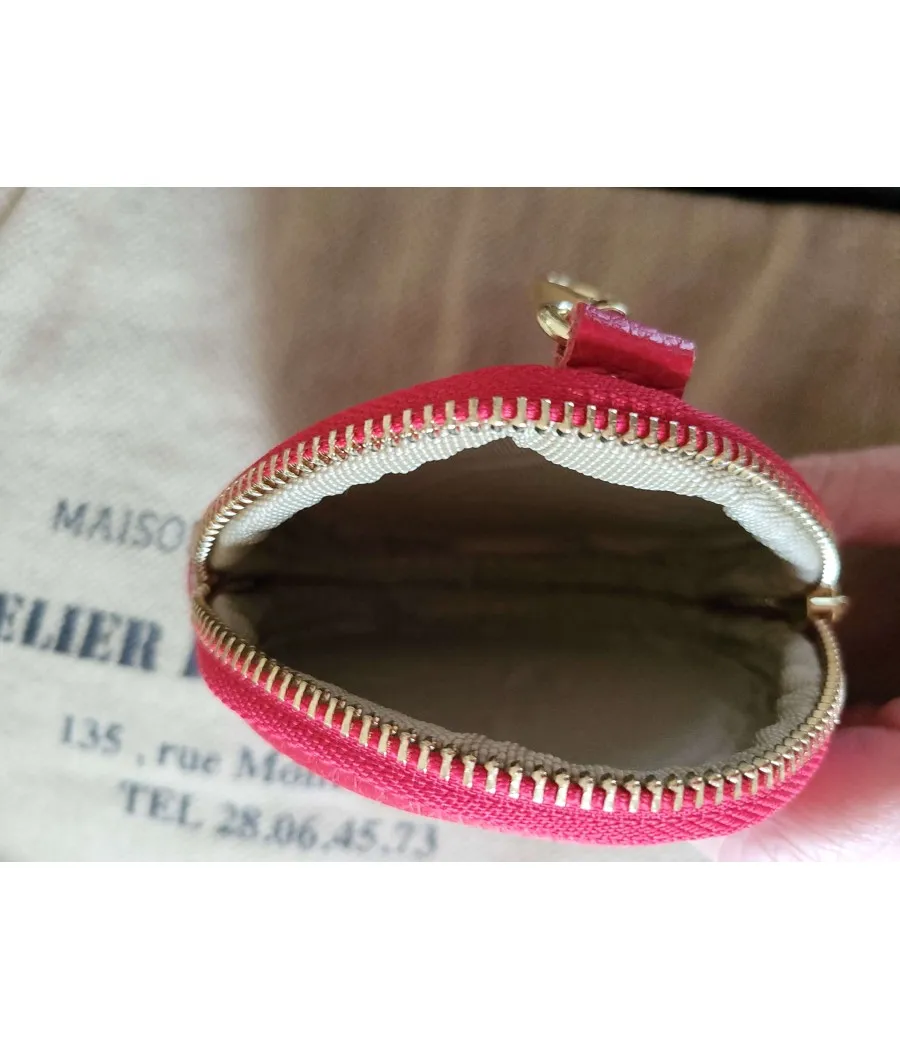 SANTAIA PORTE-MONNAIE ROND CUIR GRAIN ROUGE VACHETTE ITALIE MOUSQUETON