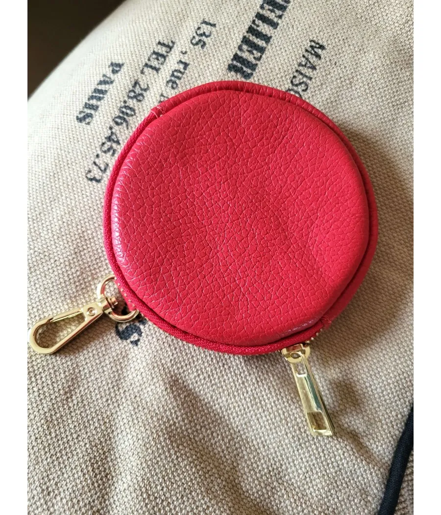SANTAIA PORTE-MONNAIE ROND CUIR GRAIN ROUGE VACHETTE ITALIE MOUSQUETON