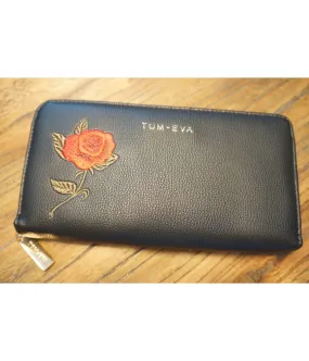 SANTAIA PORTEFEUILLE NOIR BRODERIE ROSE ROUGE SIMILI-CUIR