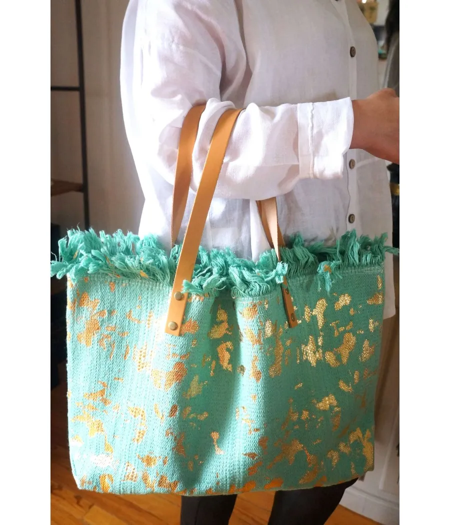 SANTAIA SAC CABAS COTON VERT ANSES CUIR MOTIF OR IDEAL PLAGE WEEK END