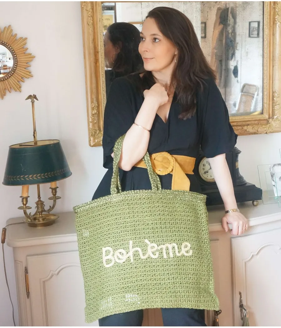 SANTAIA sac cabas jute vert  kaki tressé bohème broderie bohème or