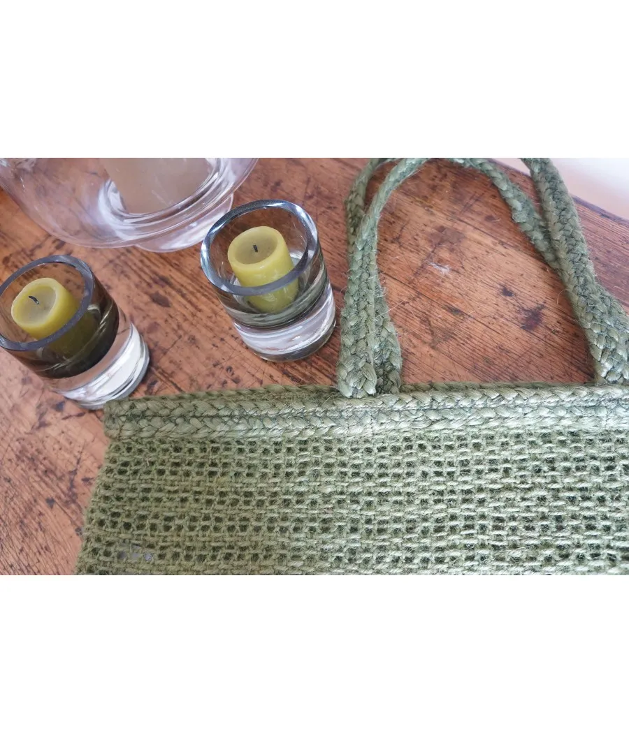 SANTAIA sac cabas jute vert  kaki tressé bohème broderie bohème or