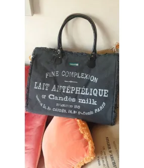 SANTAIA SAC CABAS WEEK-END CUIR COTON "ECRITURES VINTAGE" GRIS FONCE