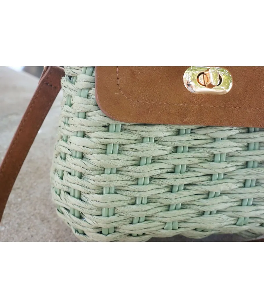 SANTAIA SAC MODE GIBECIERE FAIT MAIN PAILLE PAPIER VERT BANDOULIERE