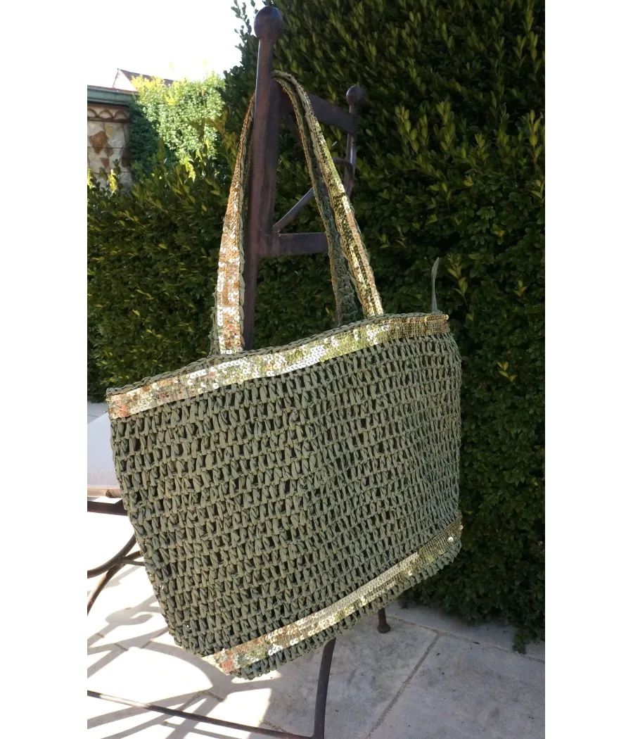 Santaia sac à main tendance tressé vert kaki militaire paillettes or