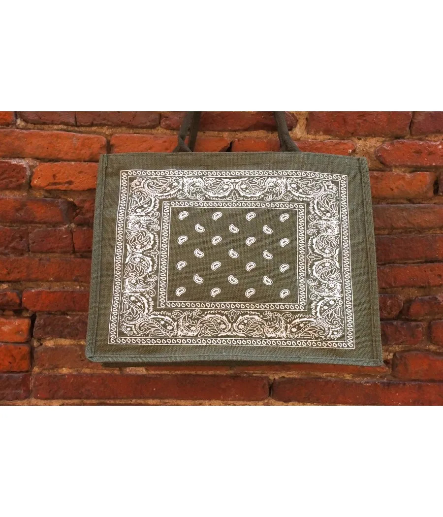 SANTAÏA cabas vert motif bandana blanc aspect jute idéal ville plage