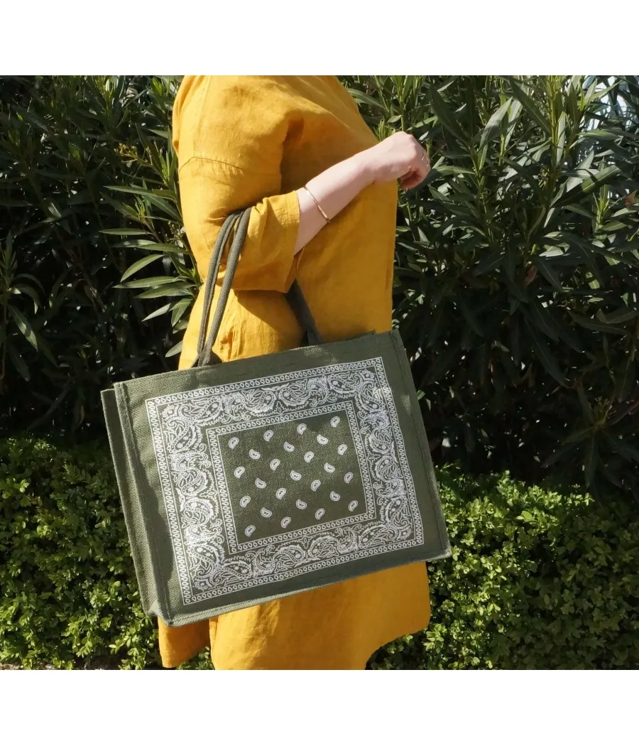 SANTAÏA cabas vert motif bandana blanc aspect jute idéal ville plage