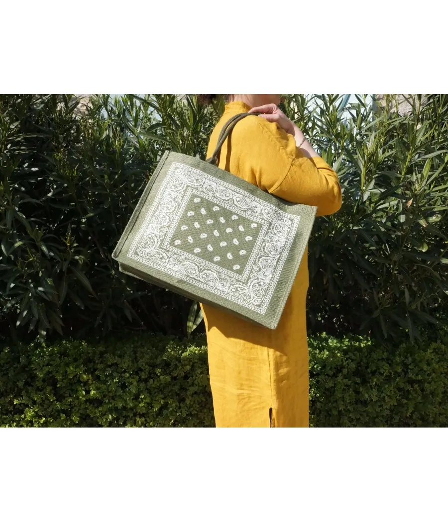 SANTAÏA cabas vert motif bandana blanc aspect jute idéal ville plage