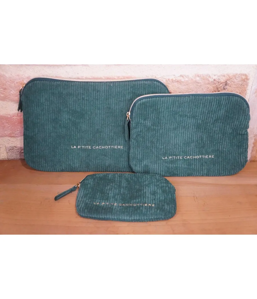 SANTAÏA grande pochette velours côtelé vert idéal voyage papiers maquillage