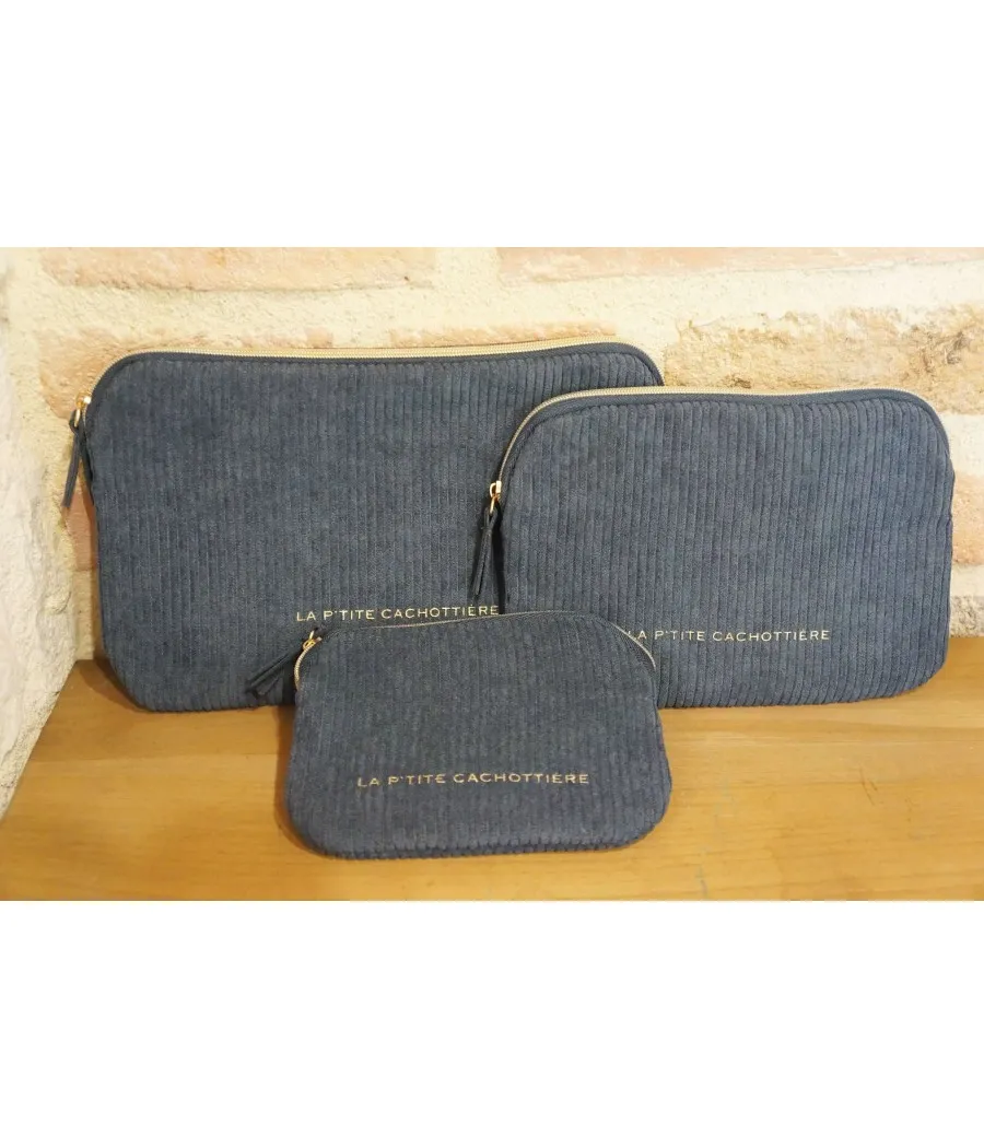 SANTAÏA pochette velours côtelé bleu gris idéal necessaire voyage