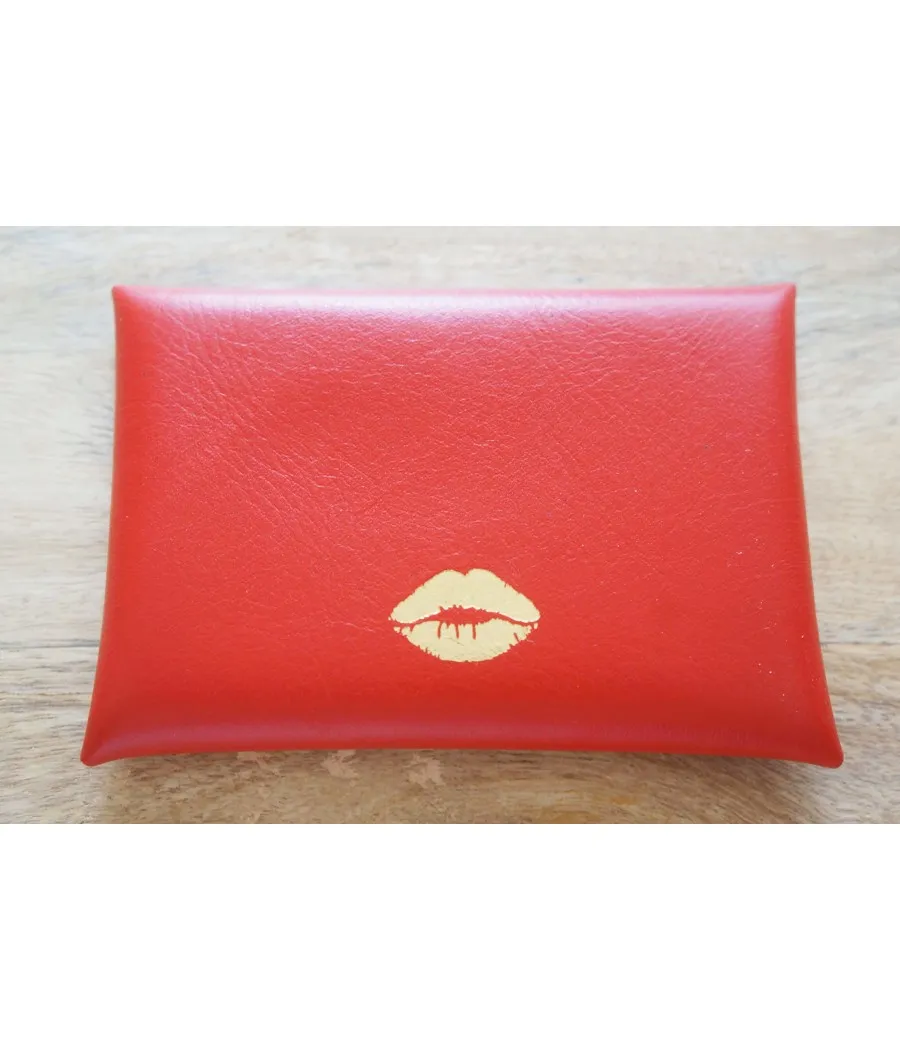 SANTAÏA porte-monnaie carte cuir vachette italie rouge motif bouche or