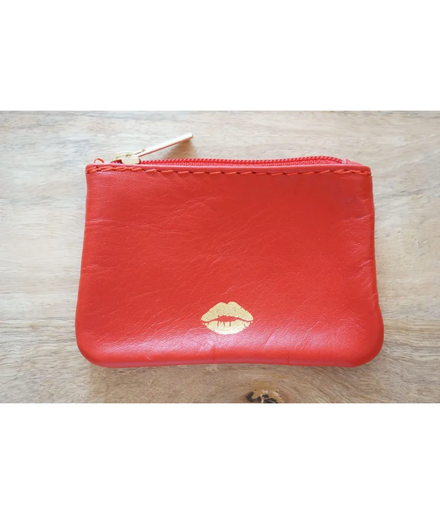 SANTAÏA porte-monnaie cuir vachette rouge  italie motif bouche or