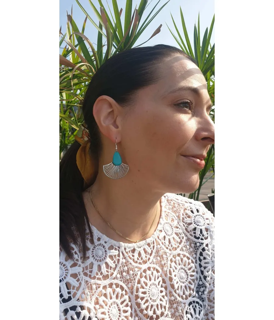 Santaïa boucles d'oreille feuille de ginkgo argentée émail vert