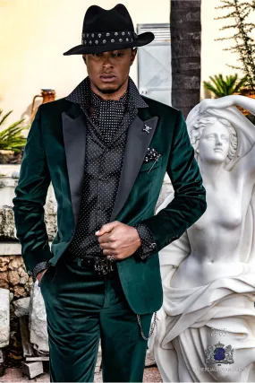 Smoking steampunk en velours vert avec revers en satin et coupe italienne ajustée